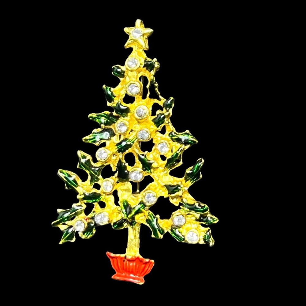 Vintage Gold Tone Rhinestone And Enamel Christmas Tree Brooch (3363)